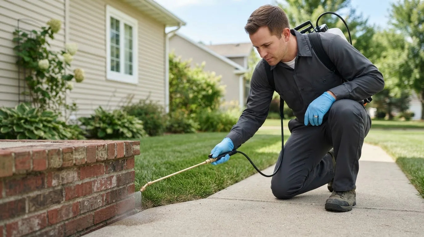 Pest control technician treating a home near South Tamworth, NH
